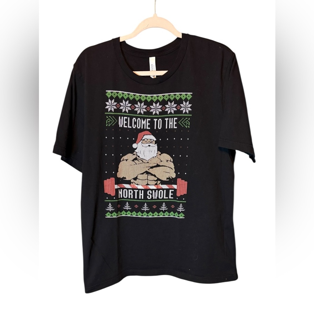 Funny Christmas Santa Graphic T-Shirt “North Swole” Muscular Santa Tee Size XL
